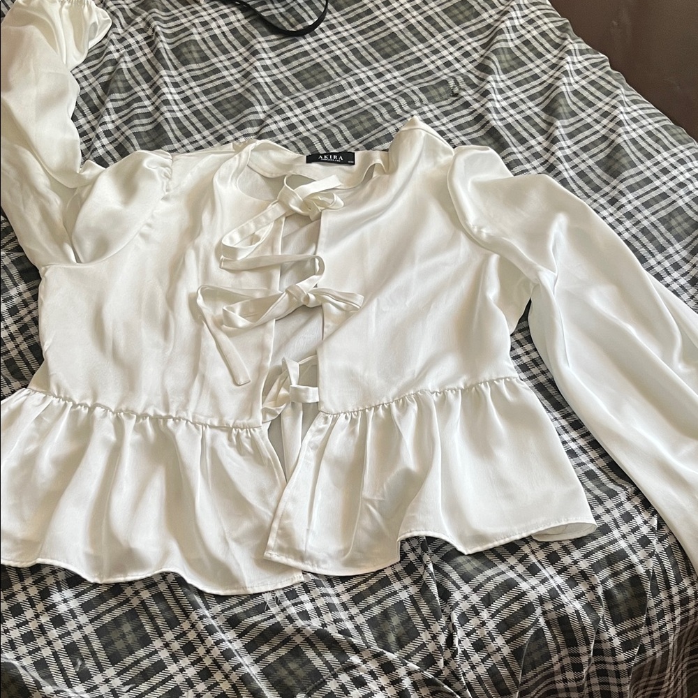 AKIRA White Satin Blouse with Ribbon Accents
